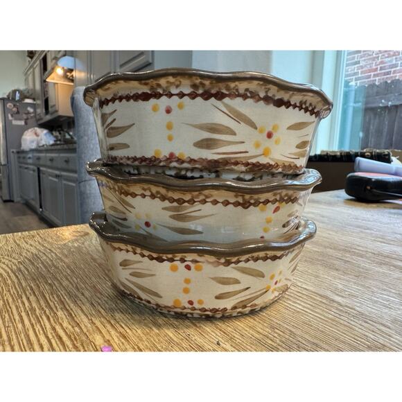 3 Temptations by Tara Old World Floral Tan 5" Round Bowls Presentable Ovenware - Picture 1 of 6